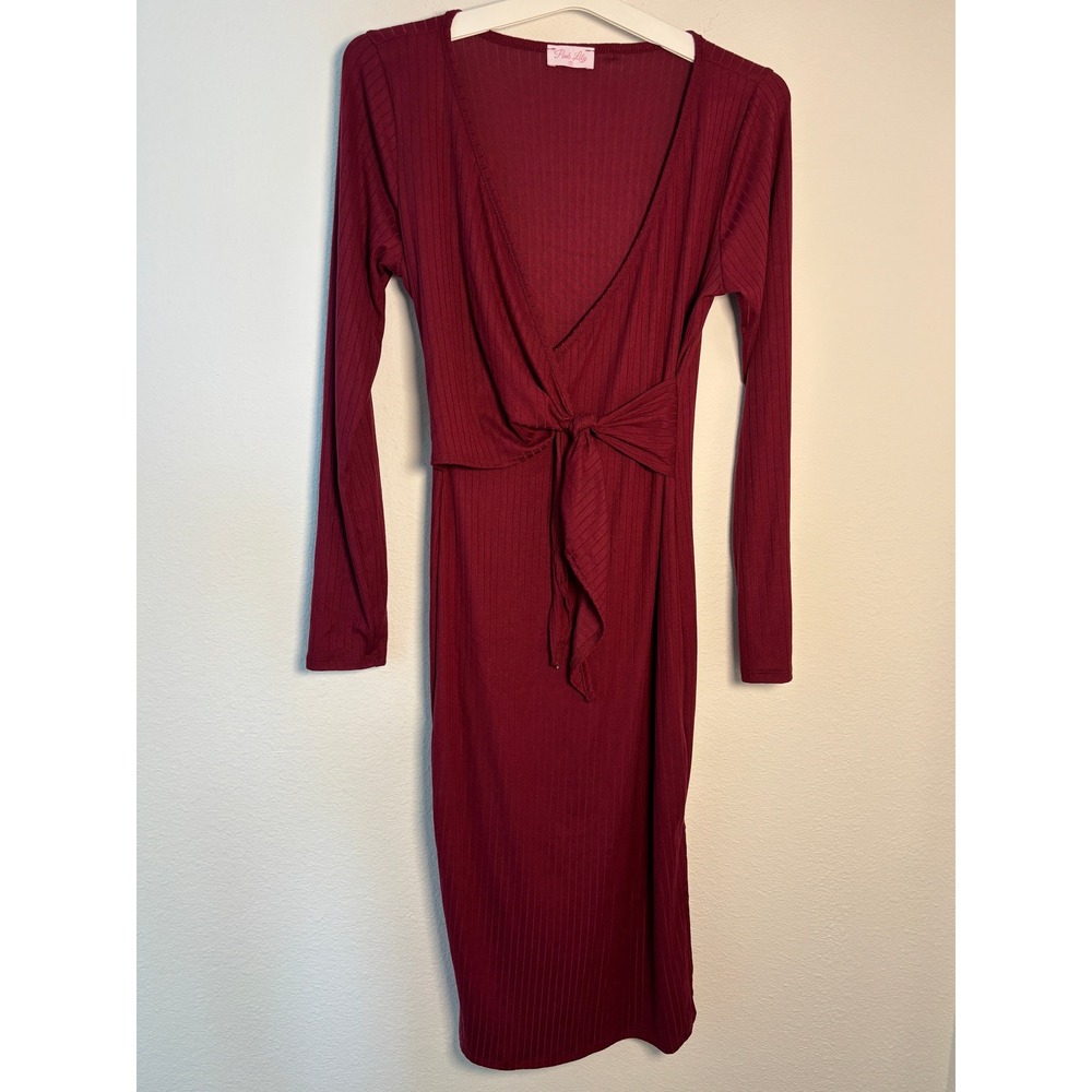 Pink Lily‎ Burgundy Ribbed Long Sleeve Tie Front V-Neck Midi Dress Small